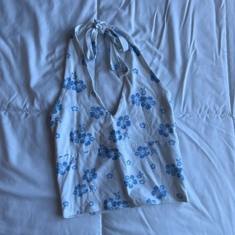Hollister Blue and White Hawaiian Floral Halter Top